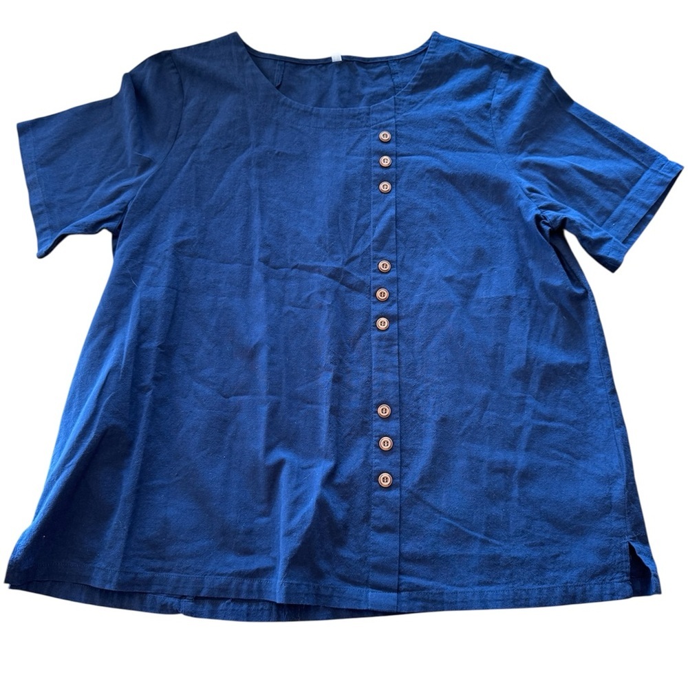 Blue Linen Button Detail Short Sleeve Top L